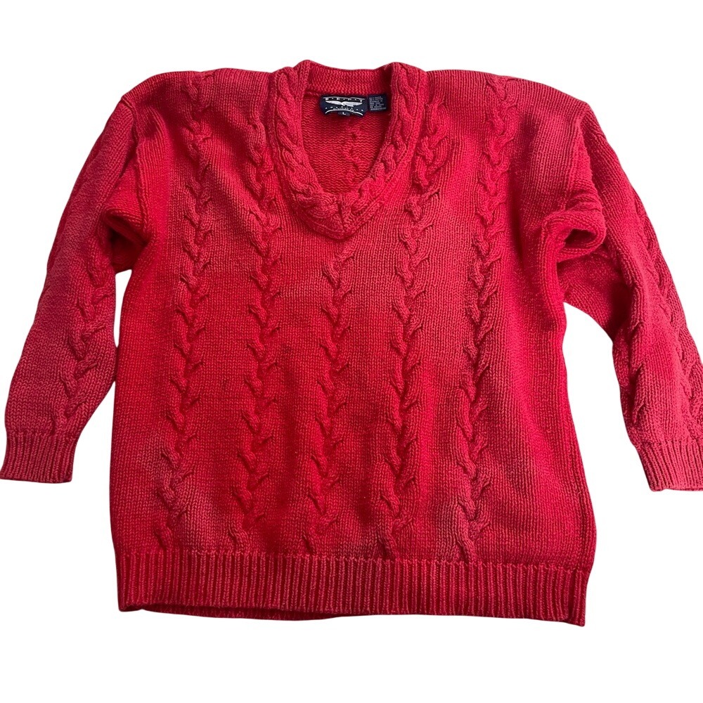 Best American Clothing Co Red Cable Knit V-Neck Sweater Ramie Cotton Vintage L